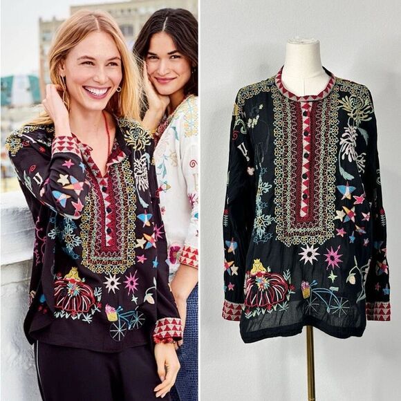 Johnny Was Biya Mishti Cotton Blouse Sz L Boho Embroidered Kitschy - Picture 1 of 16